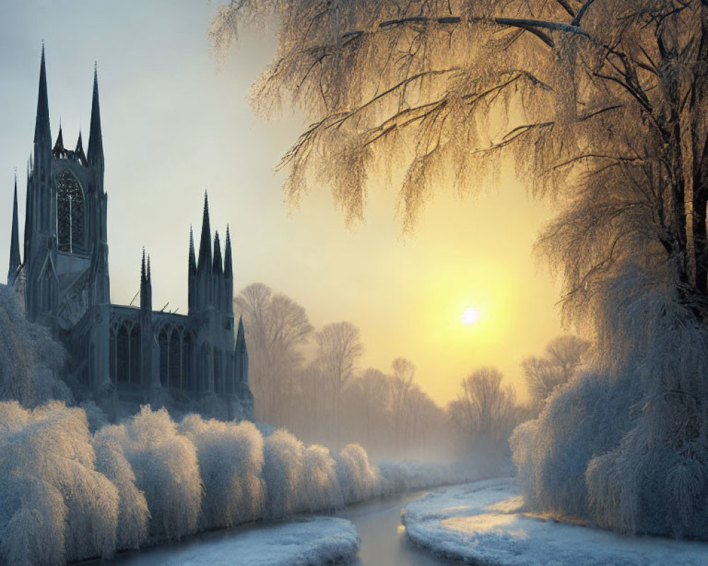 Snowy riverbank at sunrise with Gothic cathedral