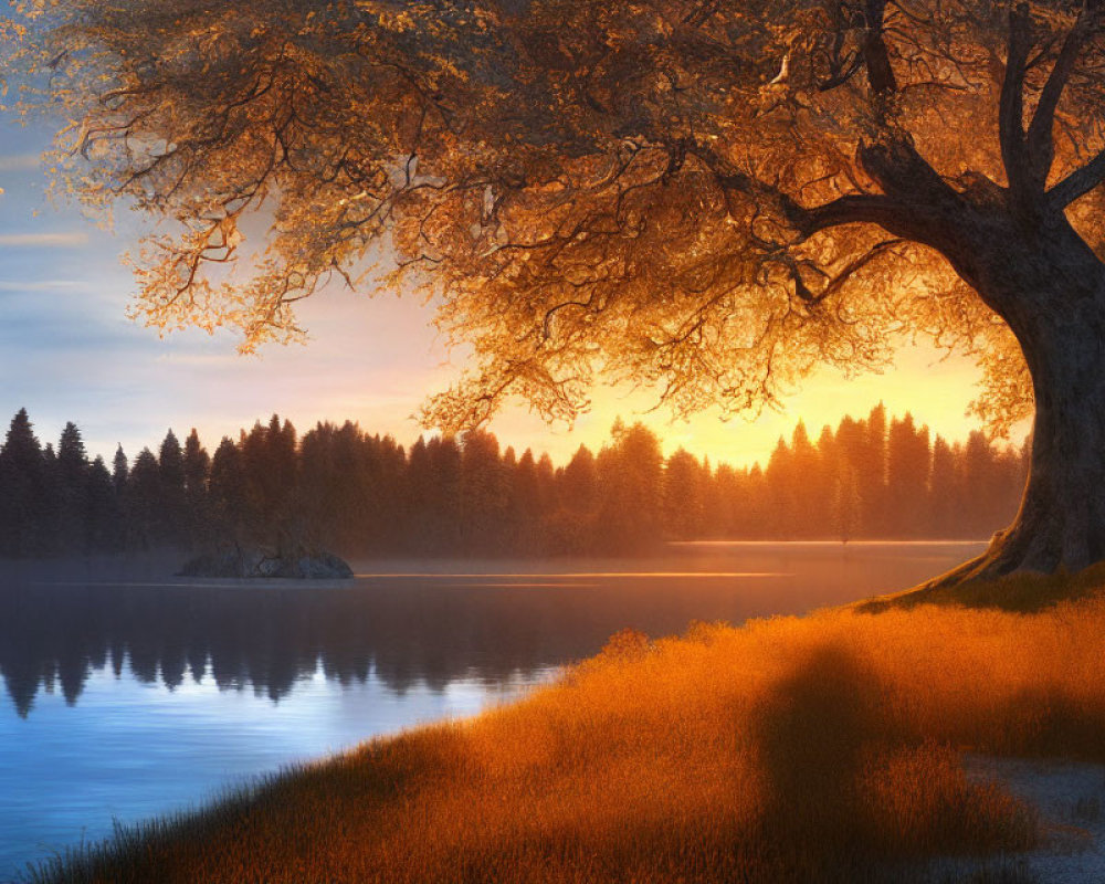 Majestic tree with golden leaves by serene lake at sunrise