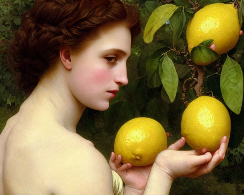 Classical painting of woman with lemon tree background
