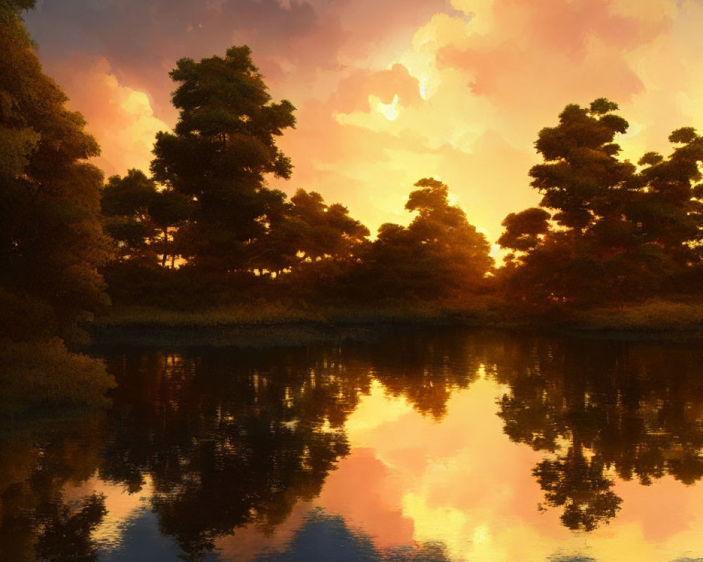 Tranquil sunset with trees reflecting on still water