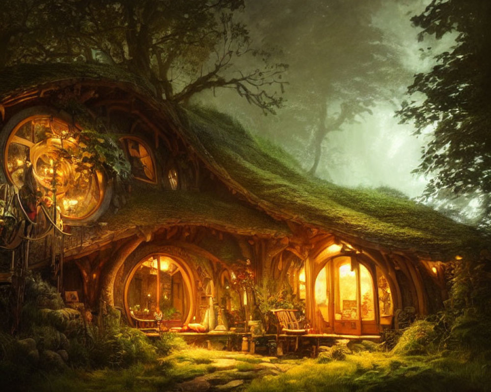 Enchanting forest scene with illuminated hobbit-style house nestled under tree