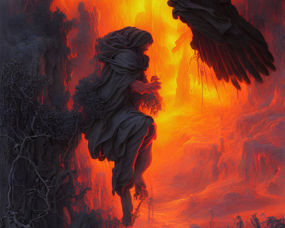 Winged figure in flowing robes against fiery volcanic backdrop