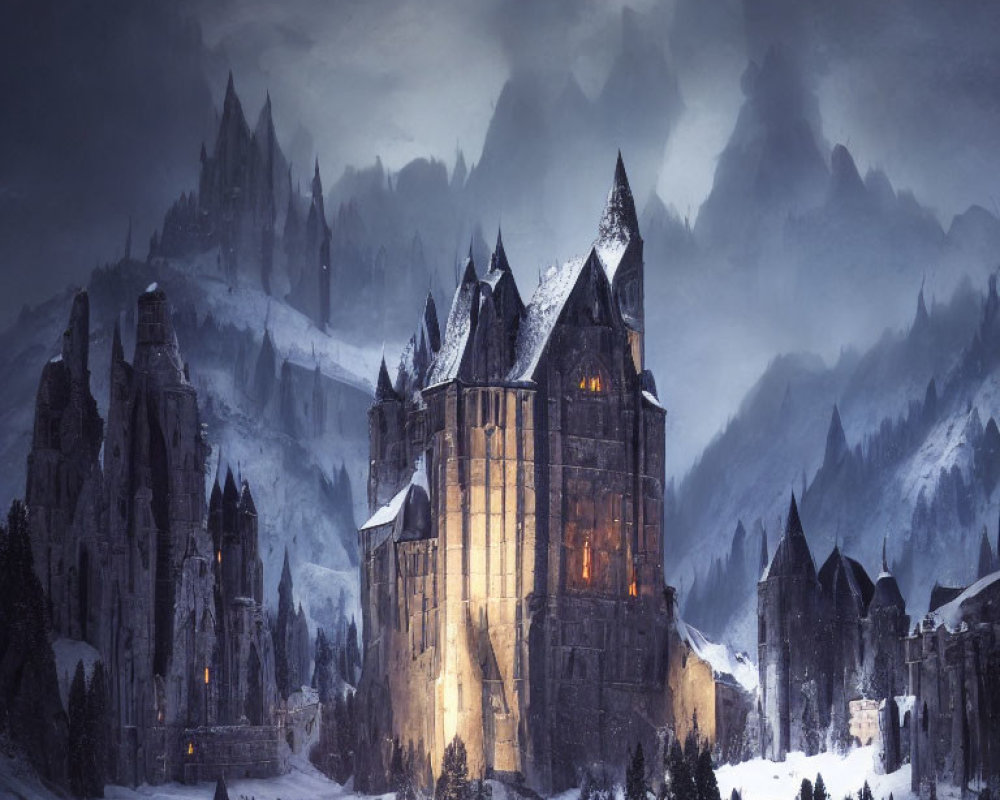 Snowy landscape: Illuminated castle at dusk among misty mountains