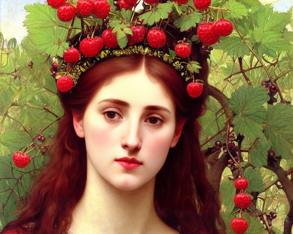 Portrait of Woman with Serene Expression and Crown of Green Leaves and Strawberries in Auburn Hair