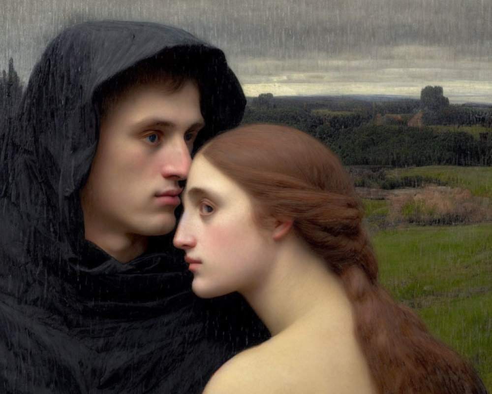 Man in Black Hooded Cloak and Woman with Auburn Hair in Somber Expression on Landscape Background