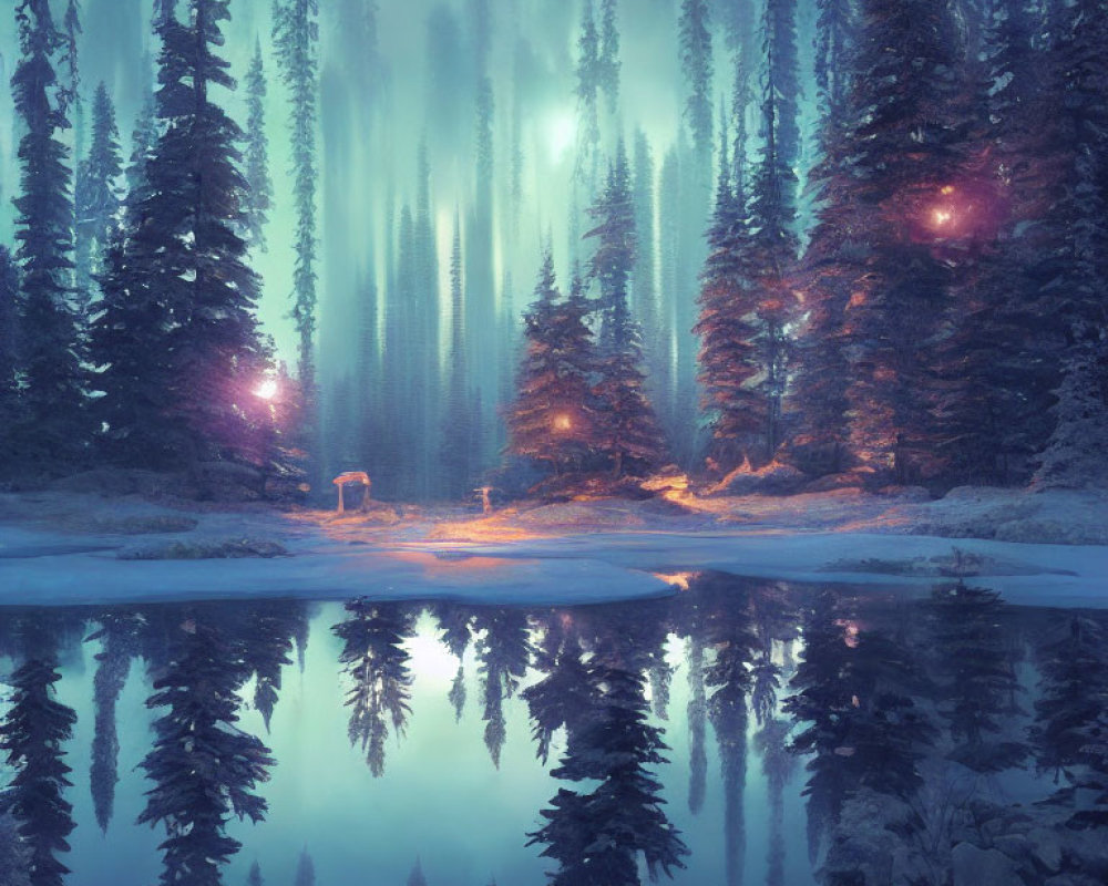 Mystical forest with towering trees and tranquil lake under twilight sky