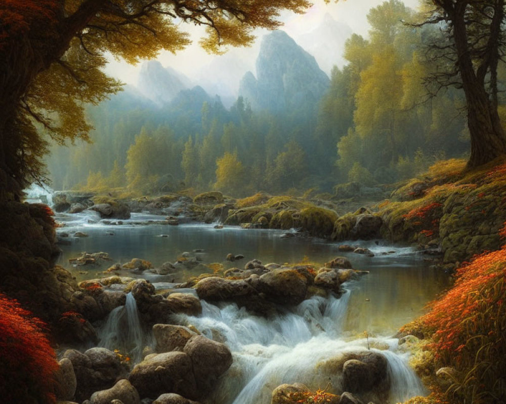 Tranquil autumn landscape with babbling brook and colorful foliage