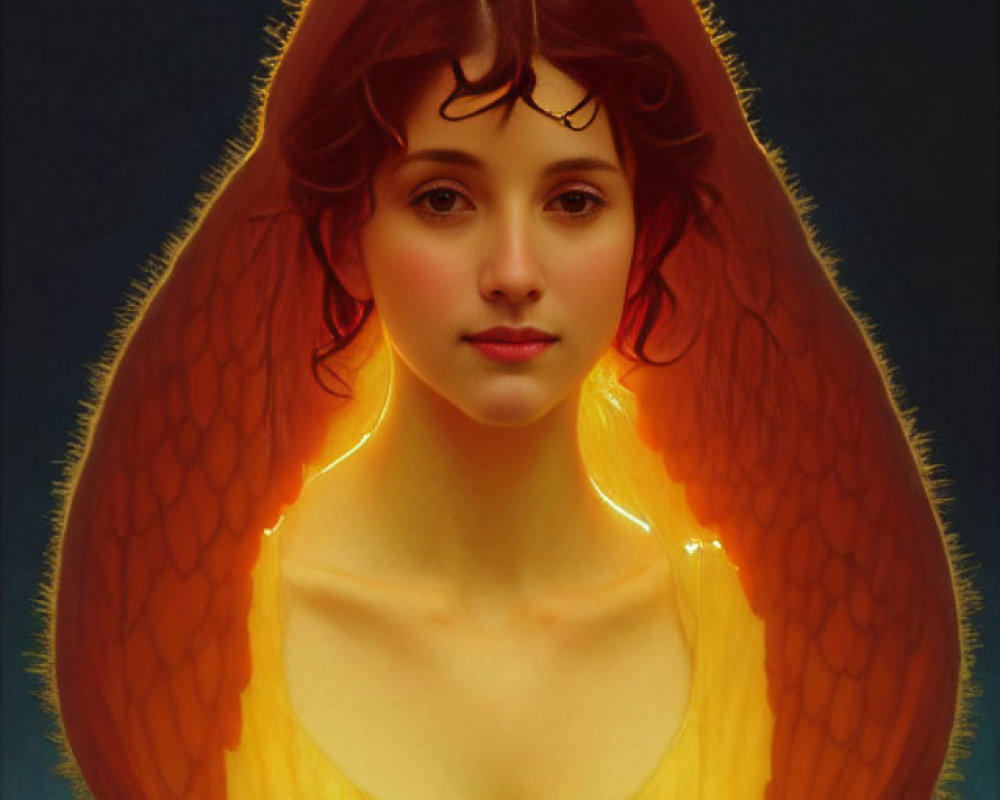 Female angel digital artwork: brown hair, wings, warm aura.