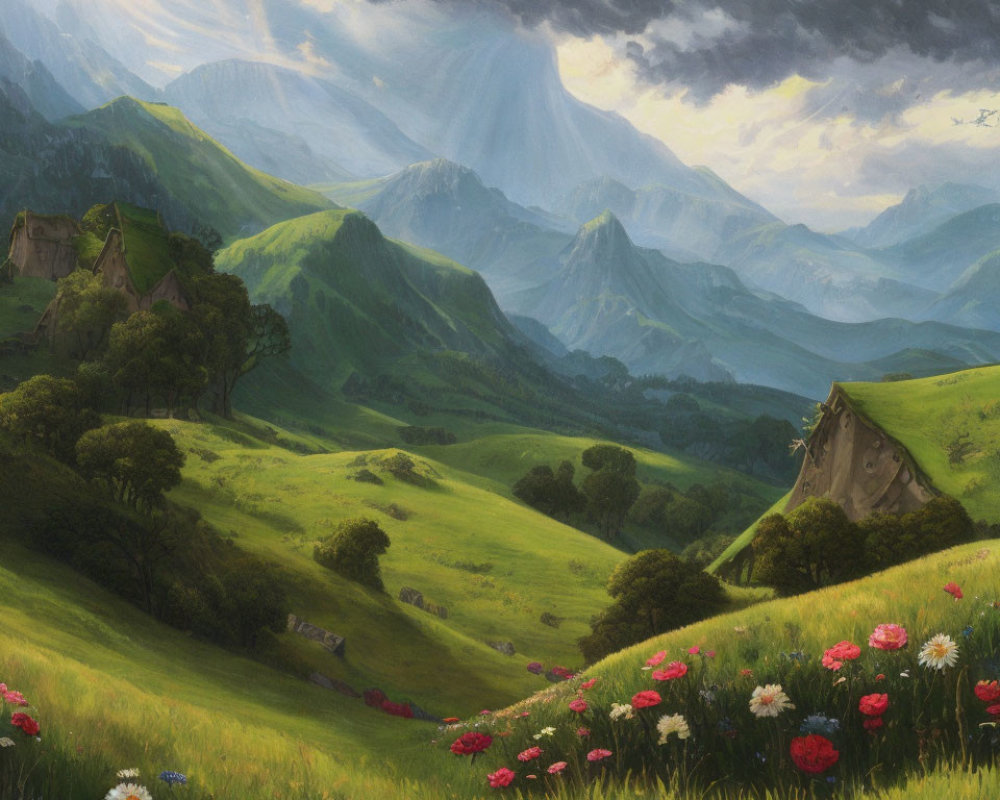 Scenic landscape with green valleys, flowers, houses, and mountains