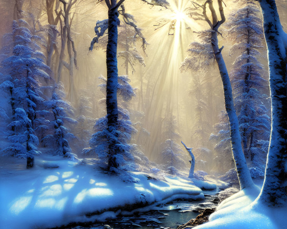 Misty snow-covered forest with sunlight streaming through