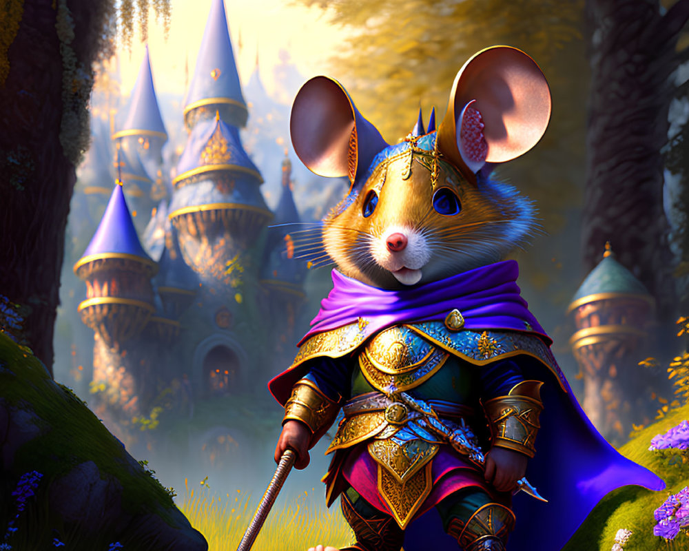 Mouse Knight in Regal Armor Stands by Fantasy Castle
