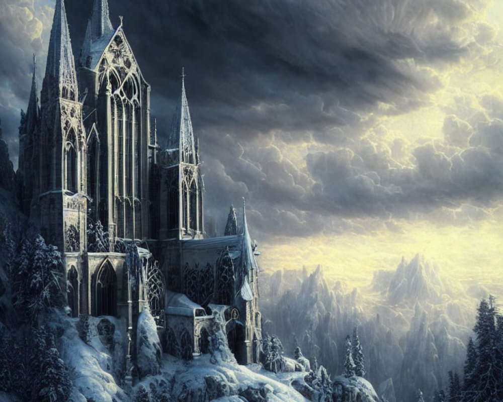 Gothic cathedral on snowy cliff with dramatic clouds and mountains