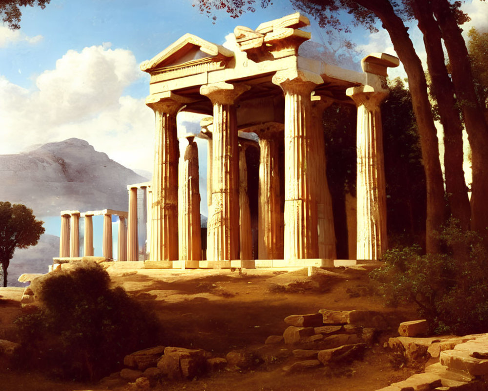 Ancient Greek temple ruin with Doric columns in tranquil forest setting