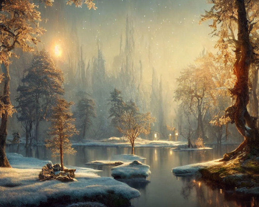 Snow-covered trees and river in mystical winter landscape at dusk