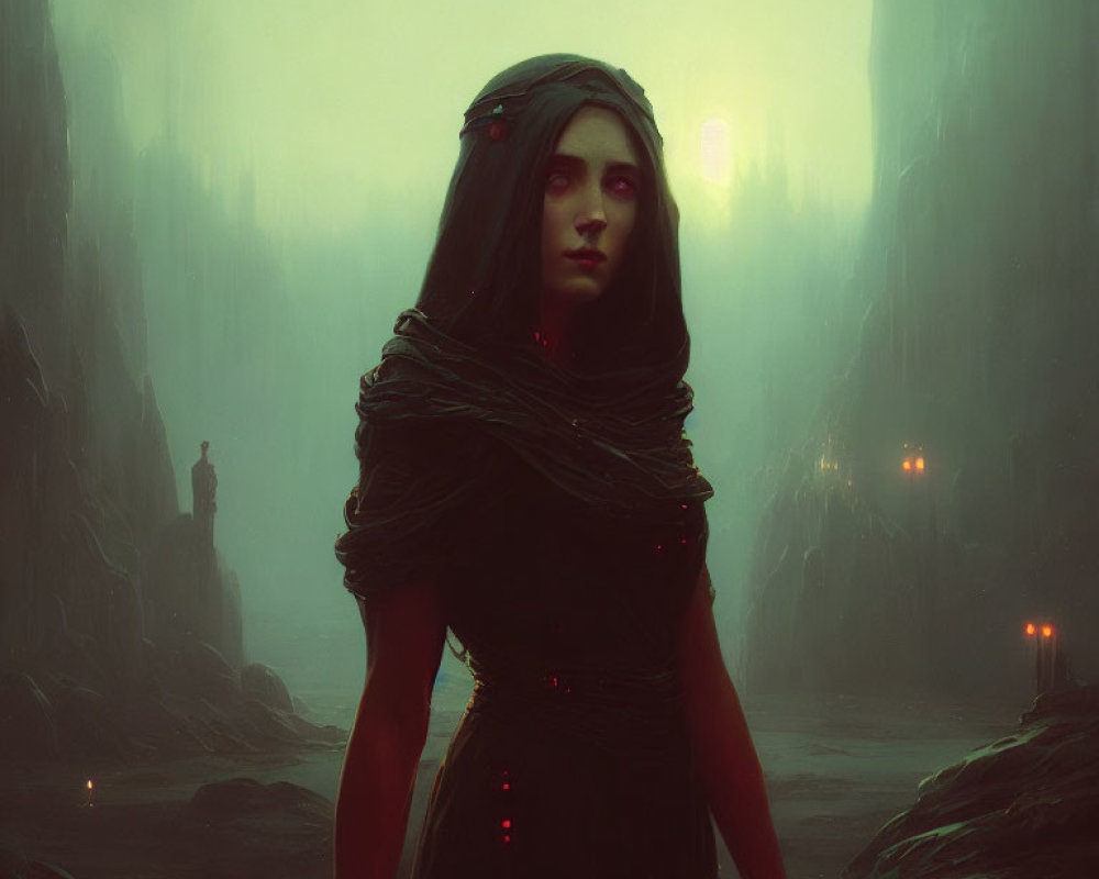 Mysterious figure in dark robes in eerie, foggy landscape