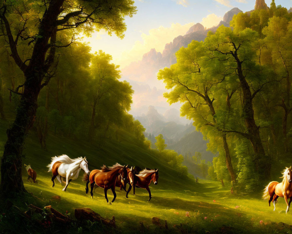 Tranquil landscape: horses running in sunlit forest