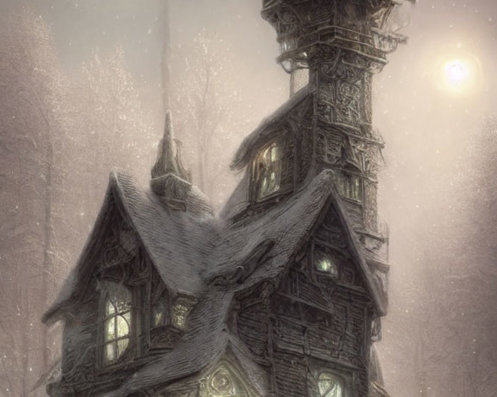 Victorian-style house with spire tower in snow-covered scene