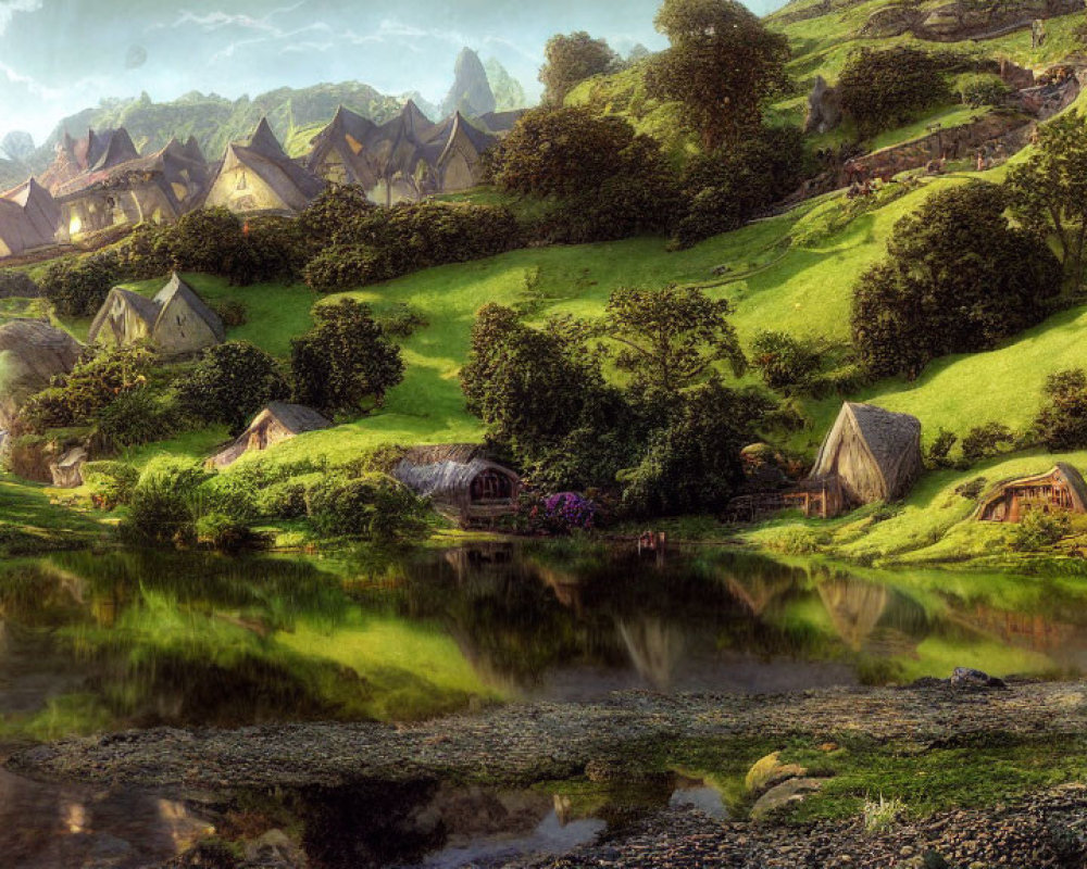Tranquil Fantasy Village Nestled in Rolling Green Hills