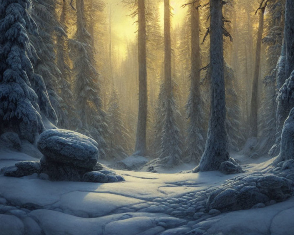 Winter forest scene with snow-covered floor and tall trees under sunlight rays