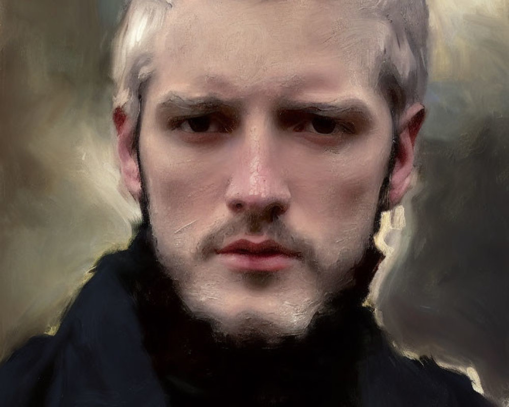 Young man with white hair and intense gaze in black garment - digital painting