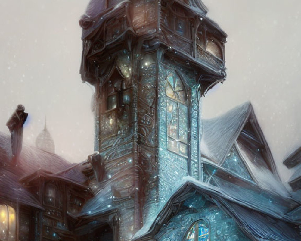 Snow-covered tower with glowing windows in wintry scene