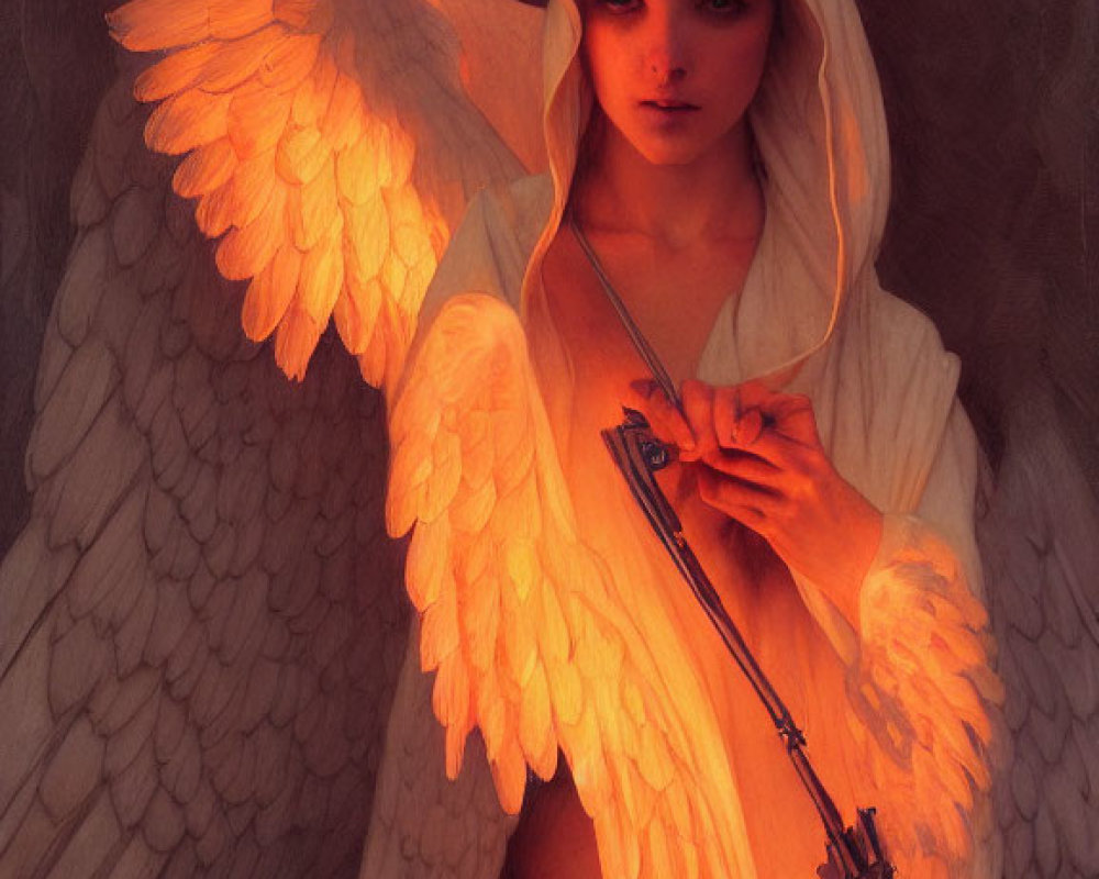 White-winged angel in robe holding key under warm light