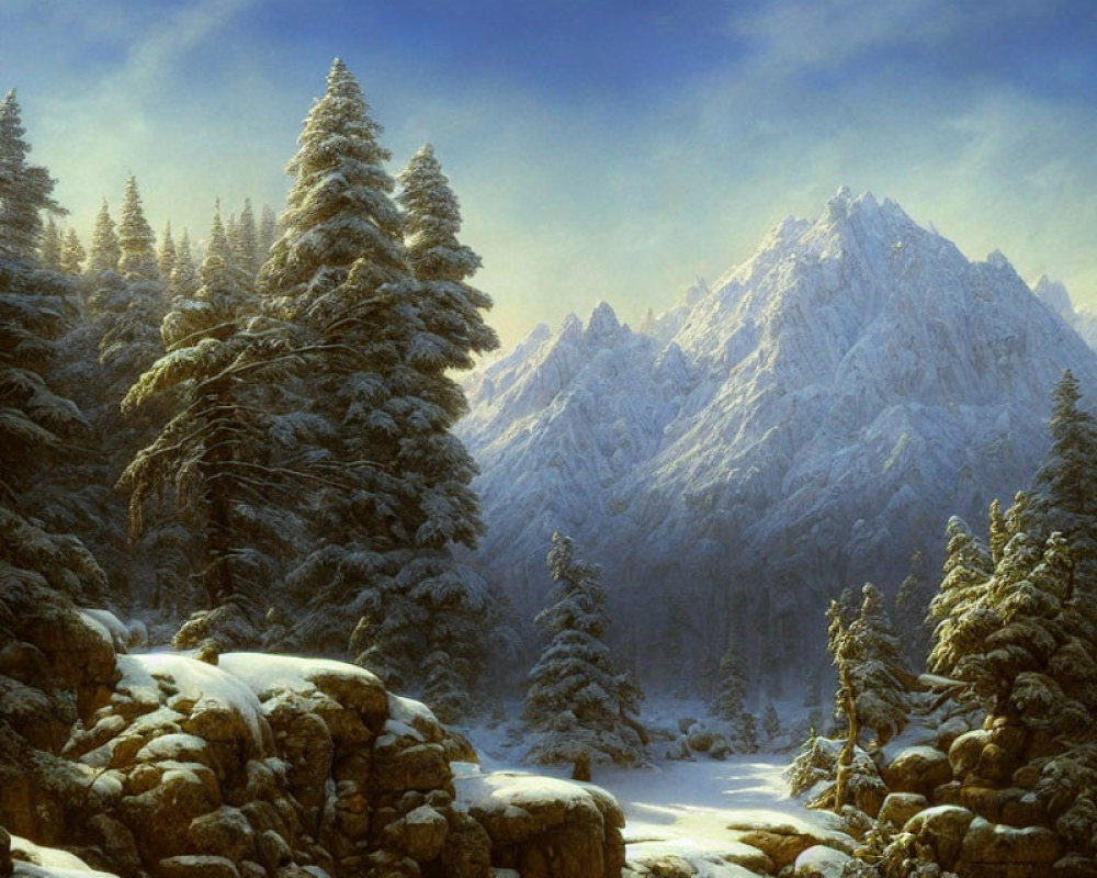 Winter landscape with snow-covered pine trees and rugged mountains