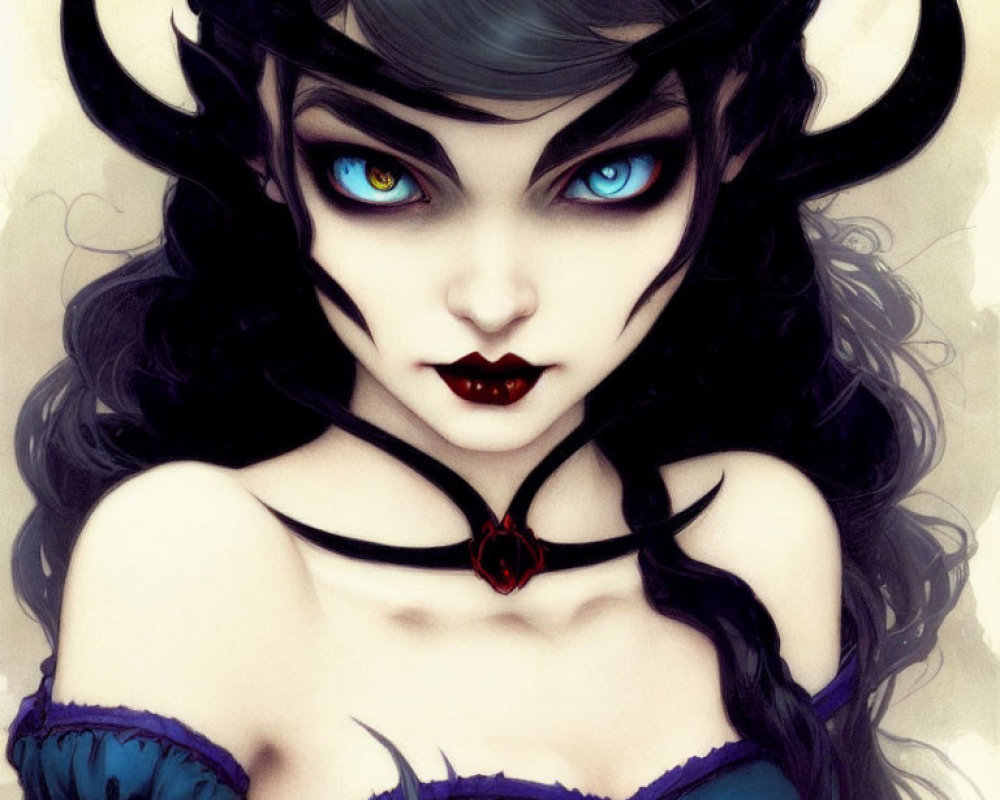 Stylized female character with pale skin, blue eyes, black hair, and gothic aesthetic