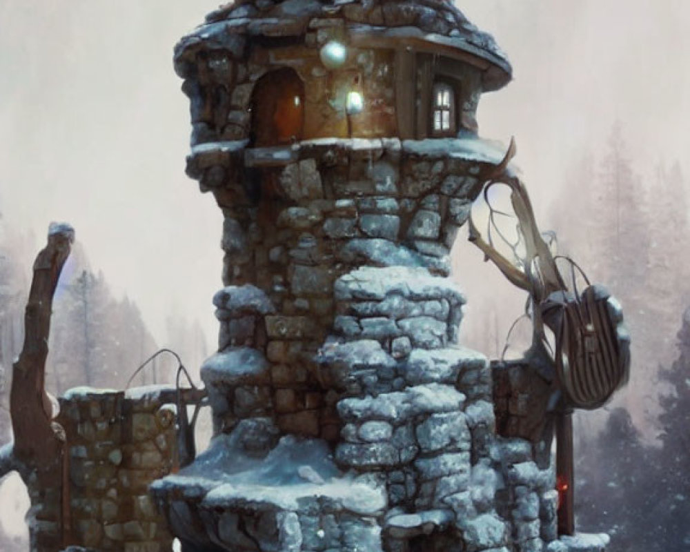 Stone tower with conical roof in snowy landscape and warm light from windows.