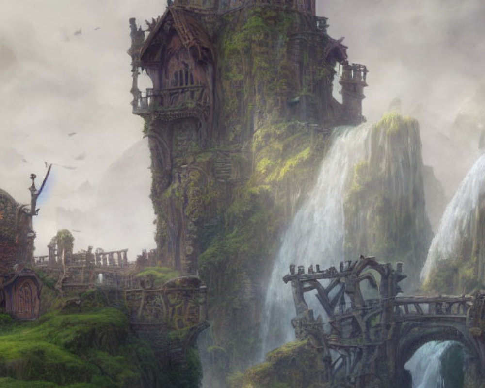 Ethereal fantasy landscape with ancient wooden structure and waterfalls