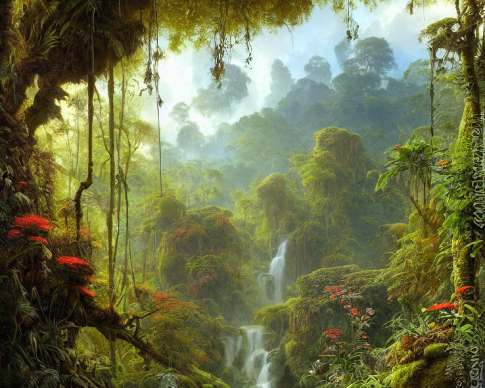 Verdant jungle with waterfall, mossy trees, red flowers, and blue pool