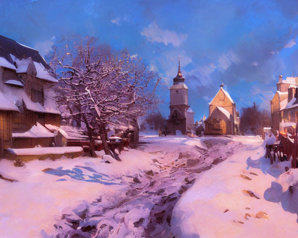 Snowy Village Scene with Rustic Houses and Barren Trees in Winter Afternoon Glow