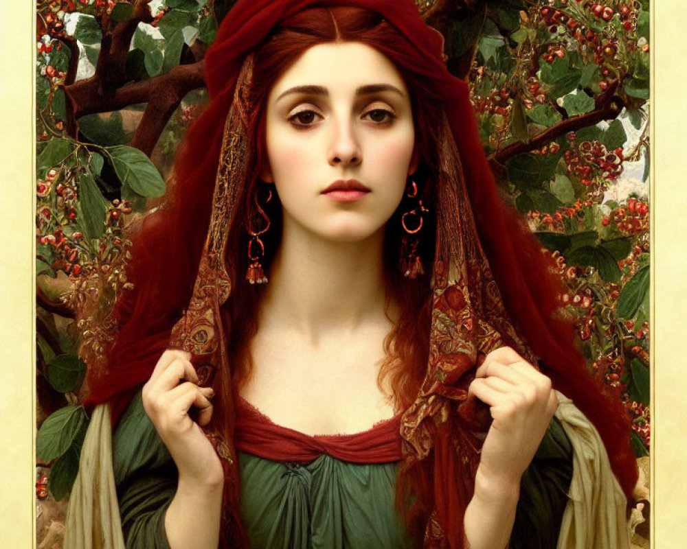 Serene woman with red headscarf and auburn hair standing by berry-laden tree