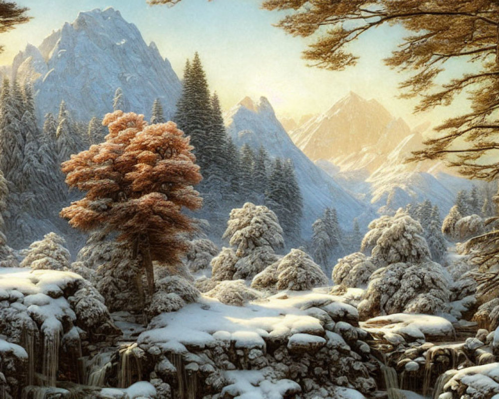 Snow-covered winter landscape with orange-leafed tree and mountains.
