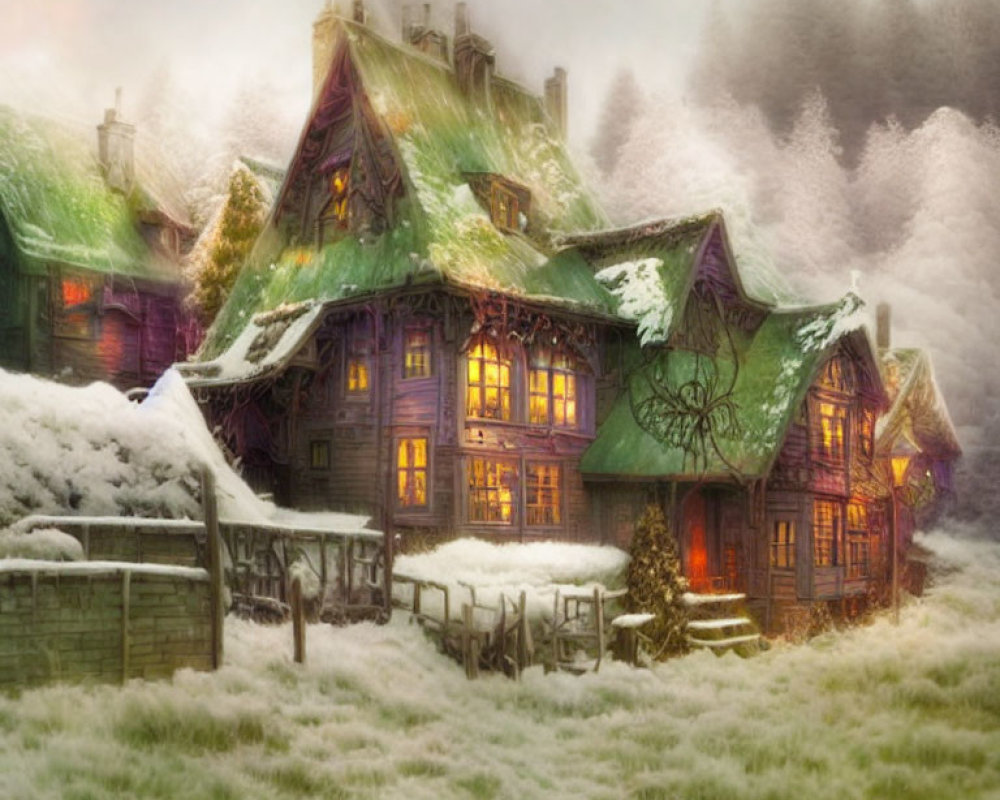 Snow-covered cottages in misty winter landscape