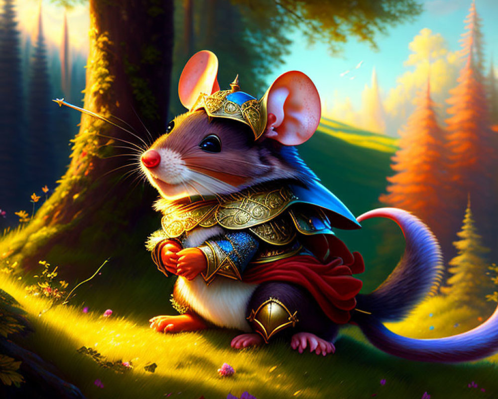 Digital artwork: Stylized mouse in knight armor in sunlit forest