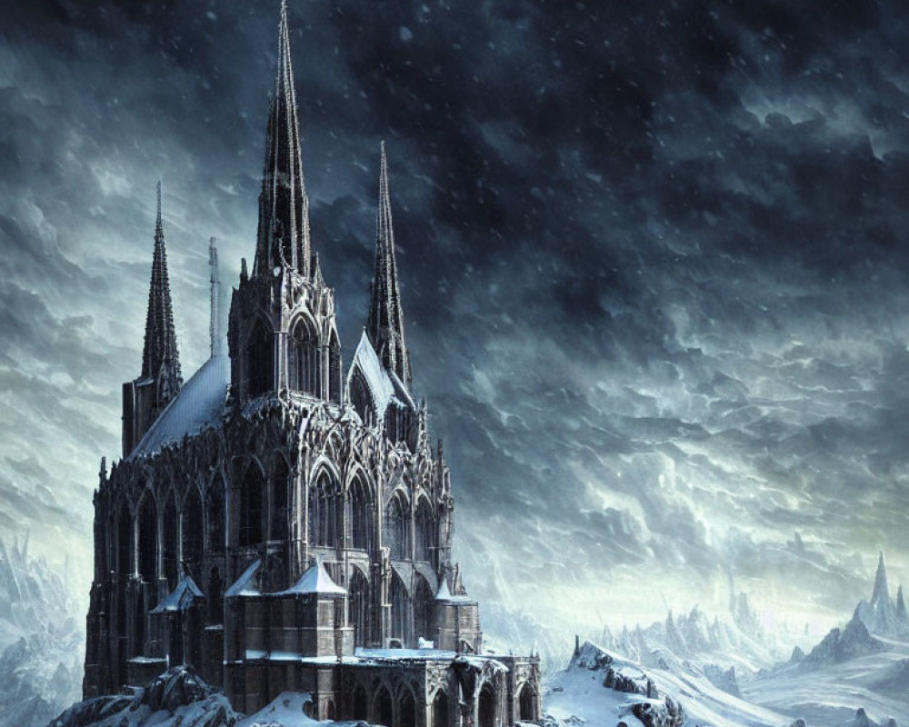 Gothic cathedral in snowy landscape under cloudy sky