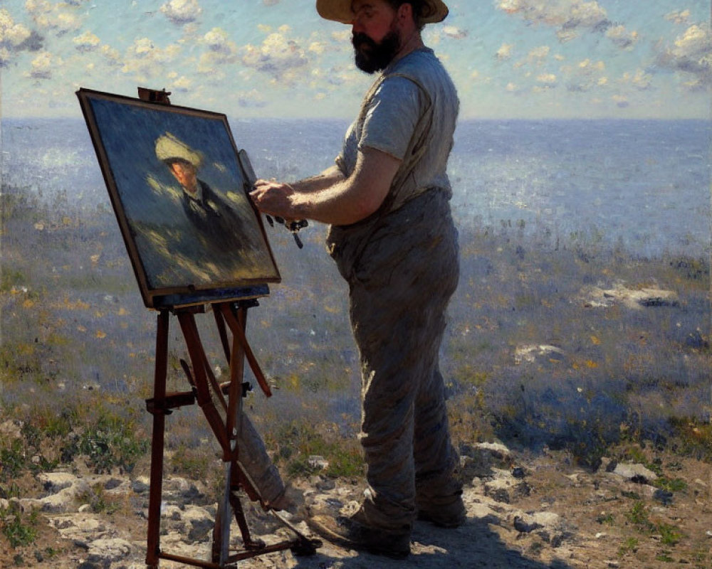 Artist painting outdoors with hat under cloudy sky
