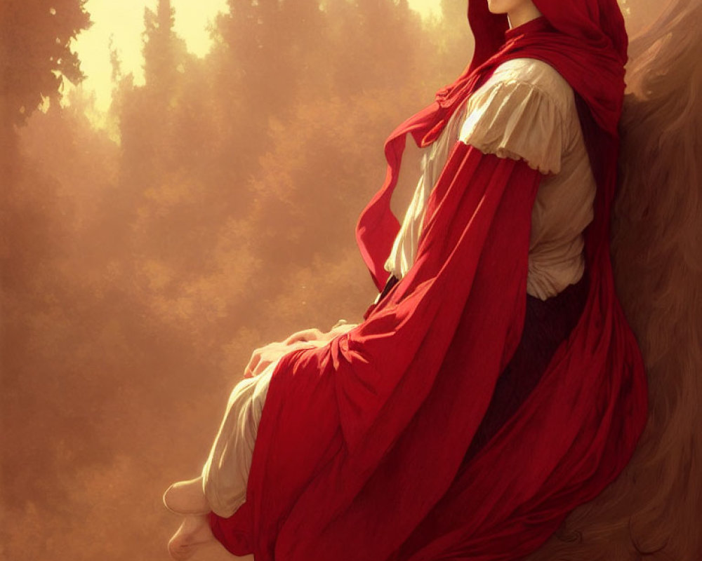 Person in Red Cloak Sitting on Tree Branch in Golden Forest