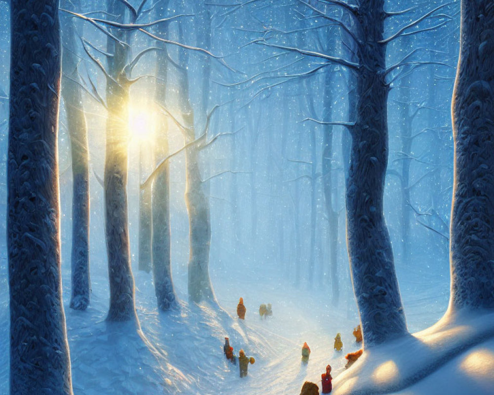 Snow-covered winter forest scene with sunlight filtering through trees and animals roaming peacefully