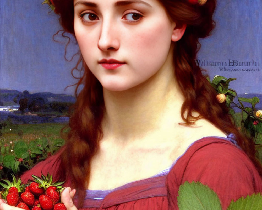 Young woman with strawberry wreath holding strawberries against landscape.