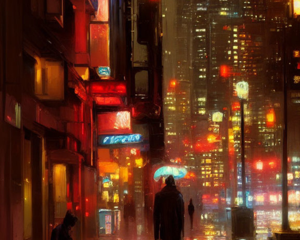 Night cityscape with rainy street lights and silhouetted figures under umbrellas