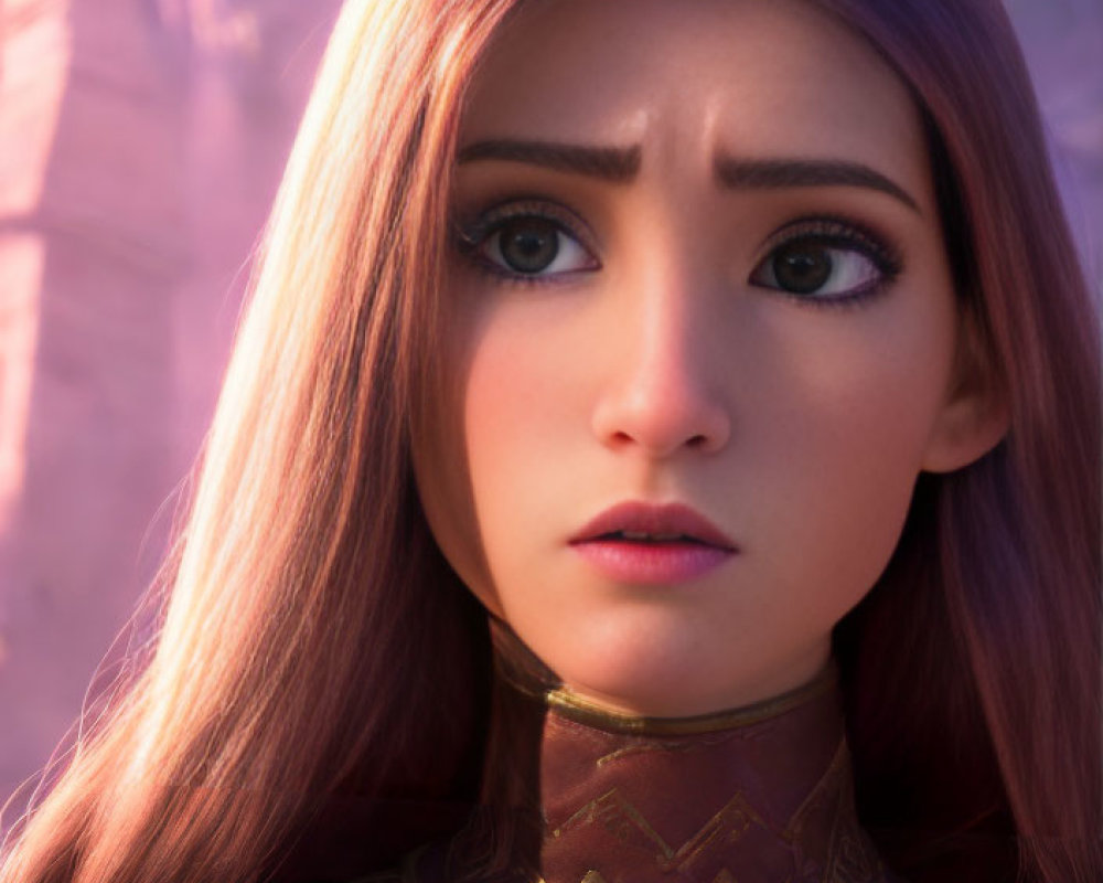 3D animated female character with long brown hair and braid in golden armor