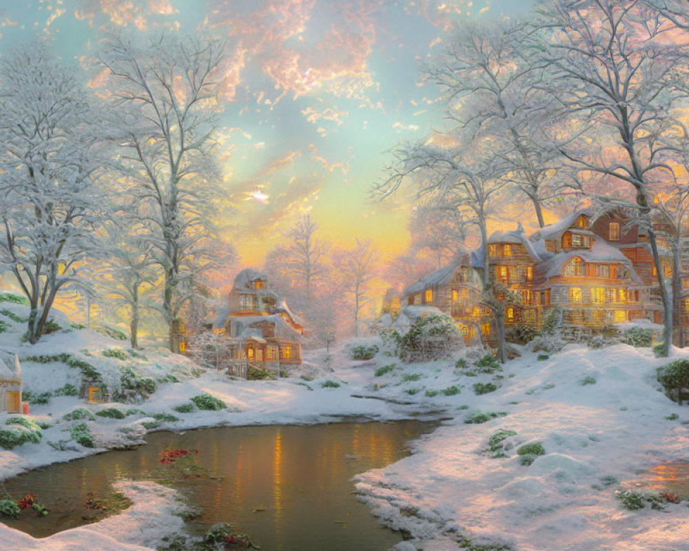 Snow-covered houses and trees by a river under a warm winter sky