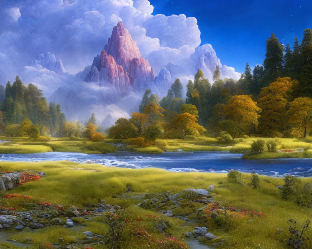 Tranquil landscape: river, autumn trees, mountains, misty sky