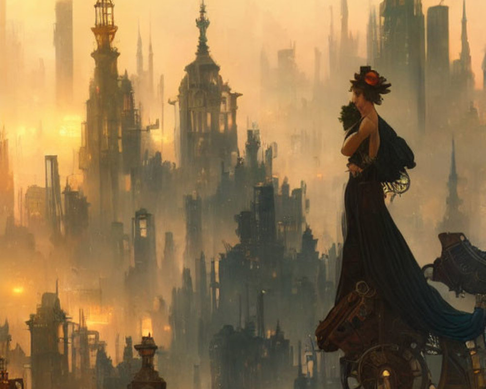 Woman in flowing dress on balcony gazes at fantastical cityscape