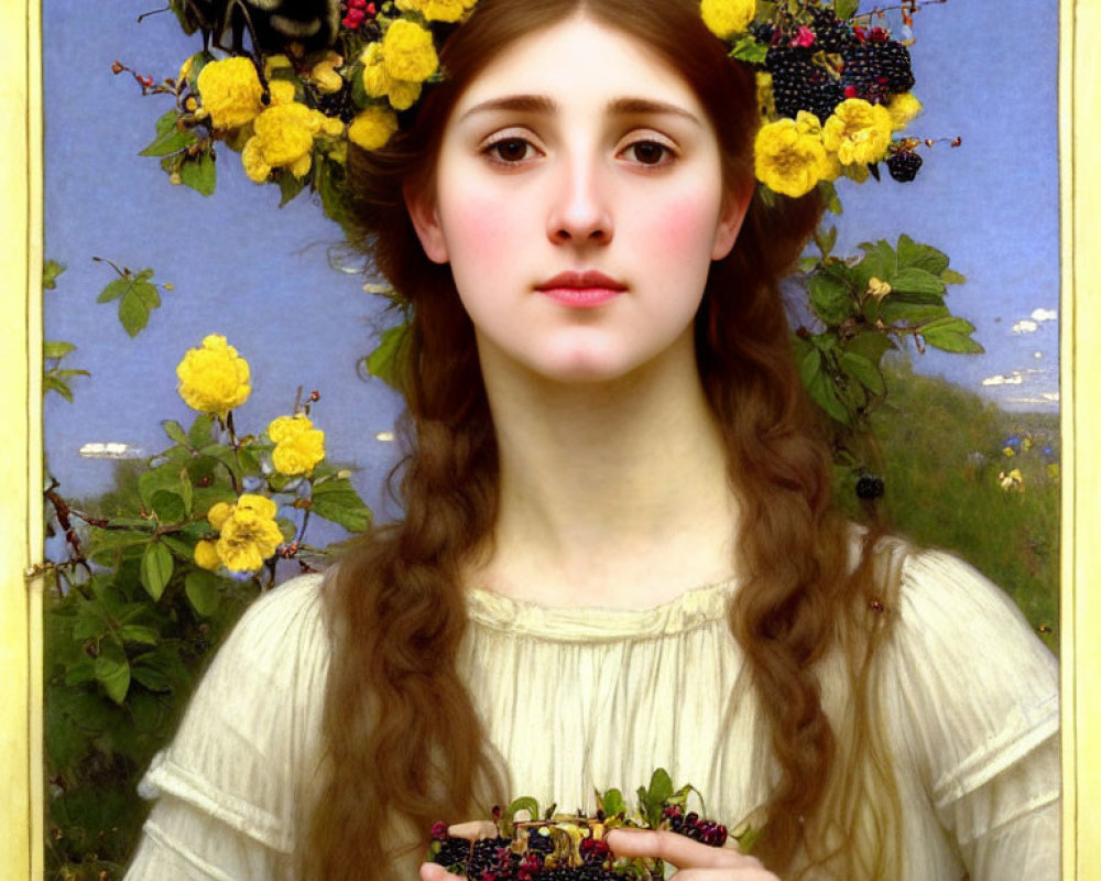Serene young woman surrounded by yellow blossoms and berries with bumblebee