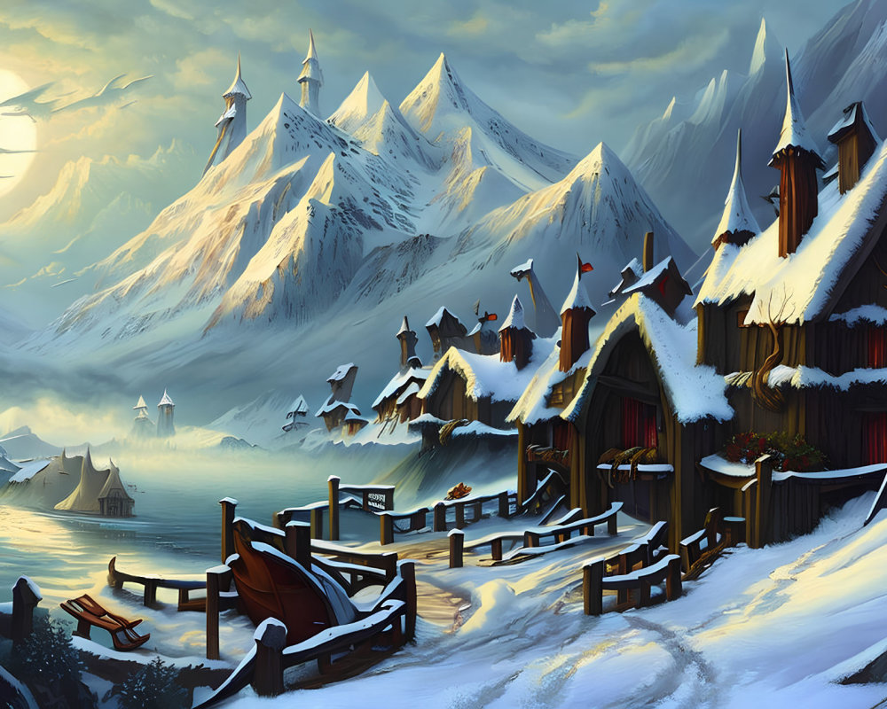 Snow-covered winter village with mountains and boats at sunset