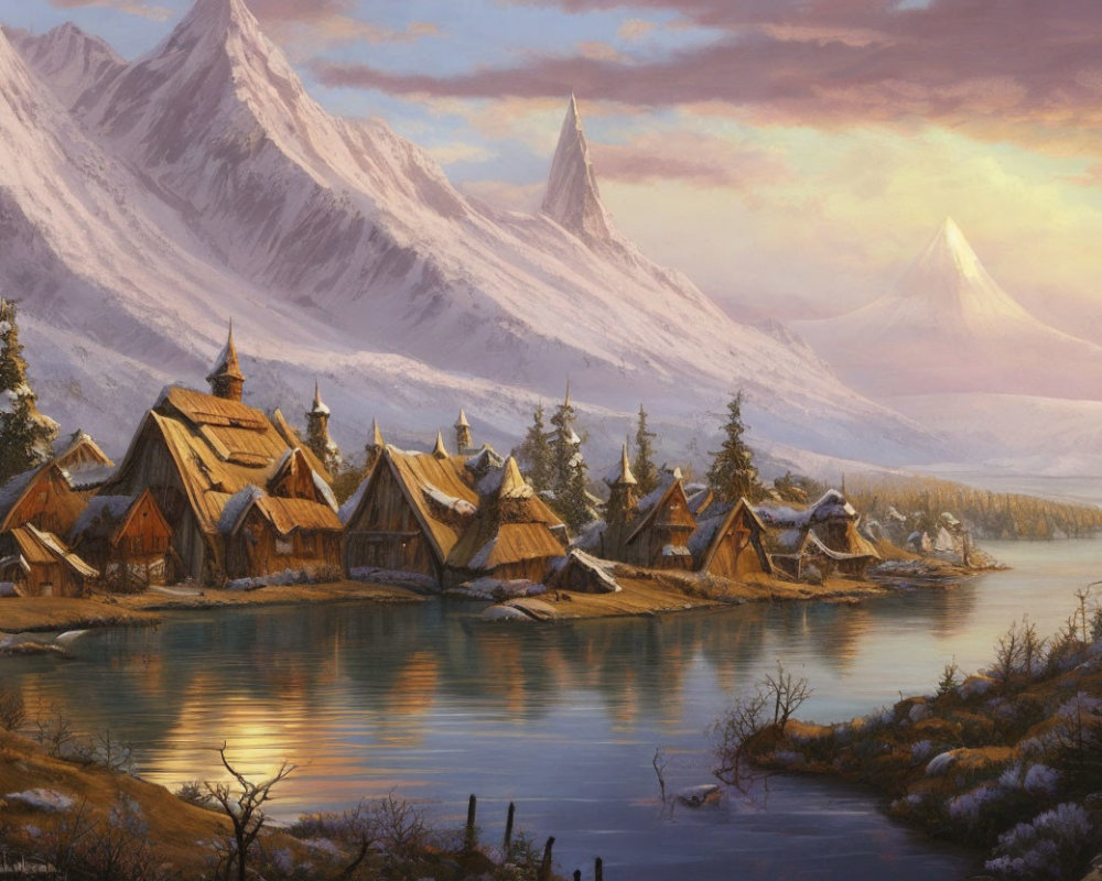 Scenic village with thatched-roof houses, lake, and snow-capped mountains