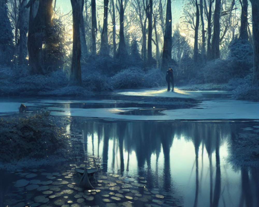 Person standing on frozen pond in mystical forest with sunlight filtering through trees
